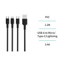 UNICO CB1429 - CABLE 3 EN 1 USB A MICRO USB, TIPO-C Y LIGHTNING 1.2M  NEGR